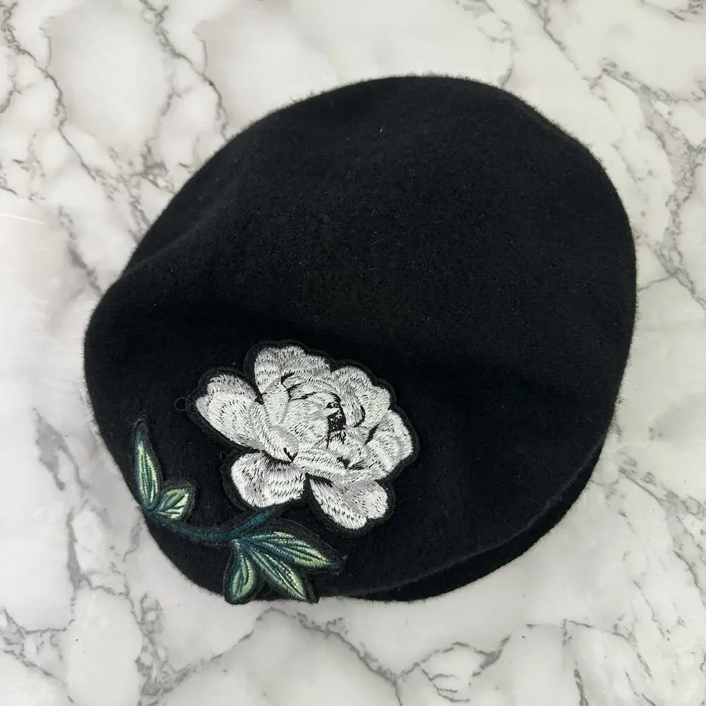 Nine West Womens Vintage Y2k Newsboy Hat Black White Flower Wool Blend